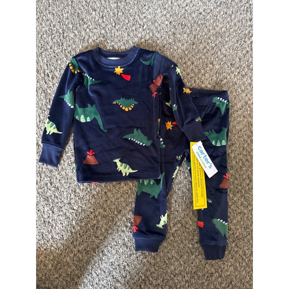 Carters Child of Mine Boys Navy Blue 12M Fleece Dinosaur Pajama Set NWT